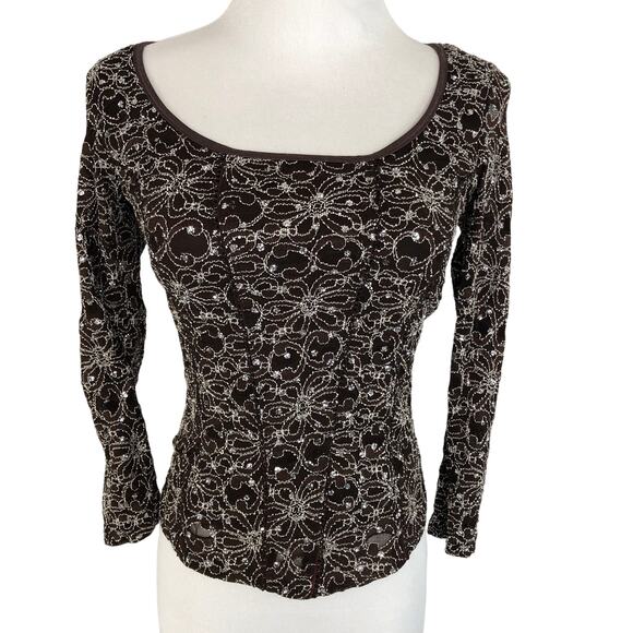 Moa Moa Evening Bodycon Glitter Blouse Scoop Neck Size Small Brown - Picture 1 of 9